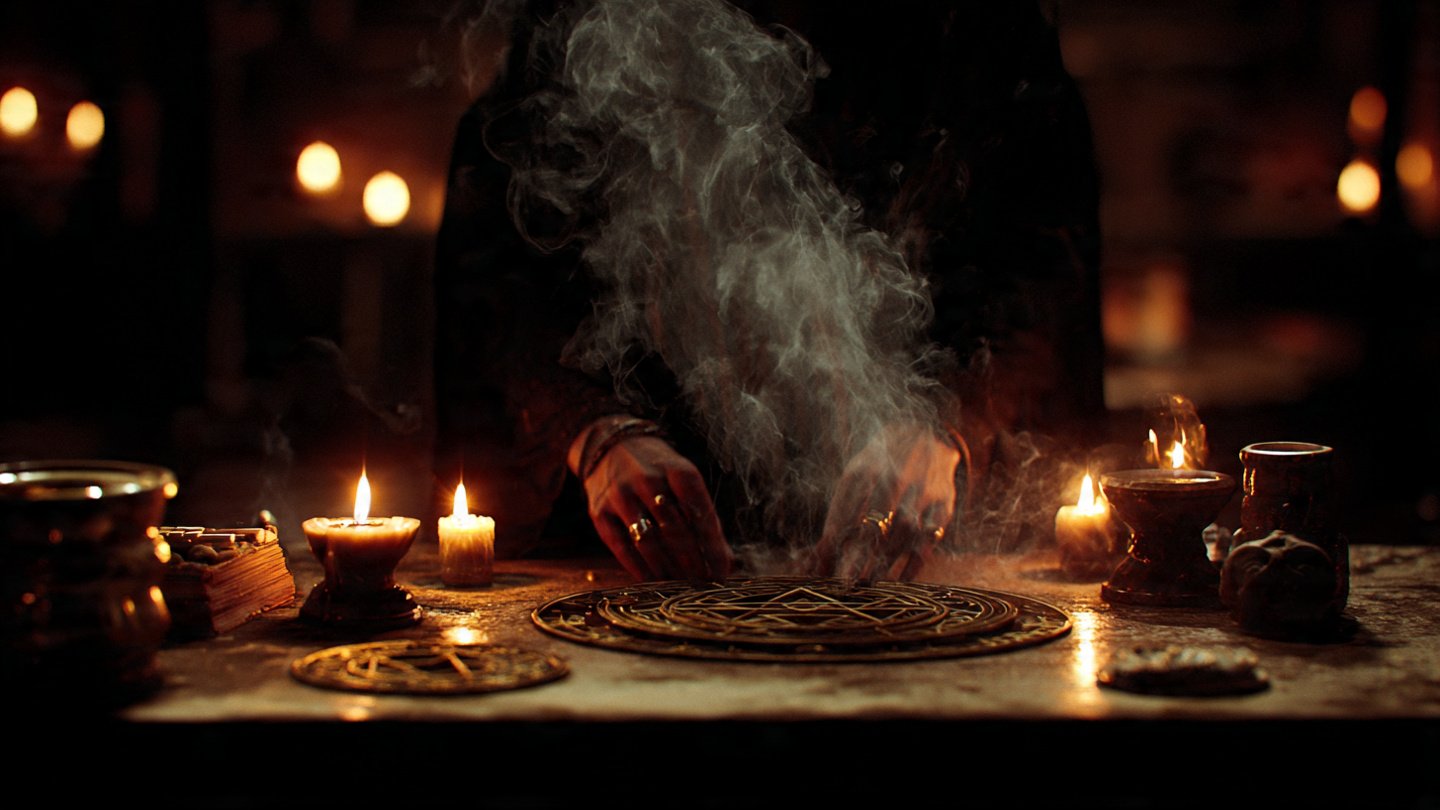 ancient spiritual ritual scene dim candle lights b