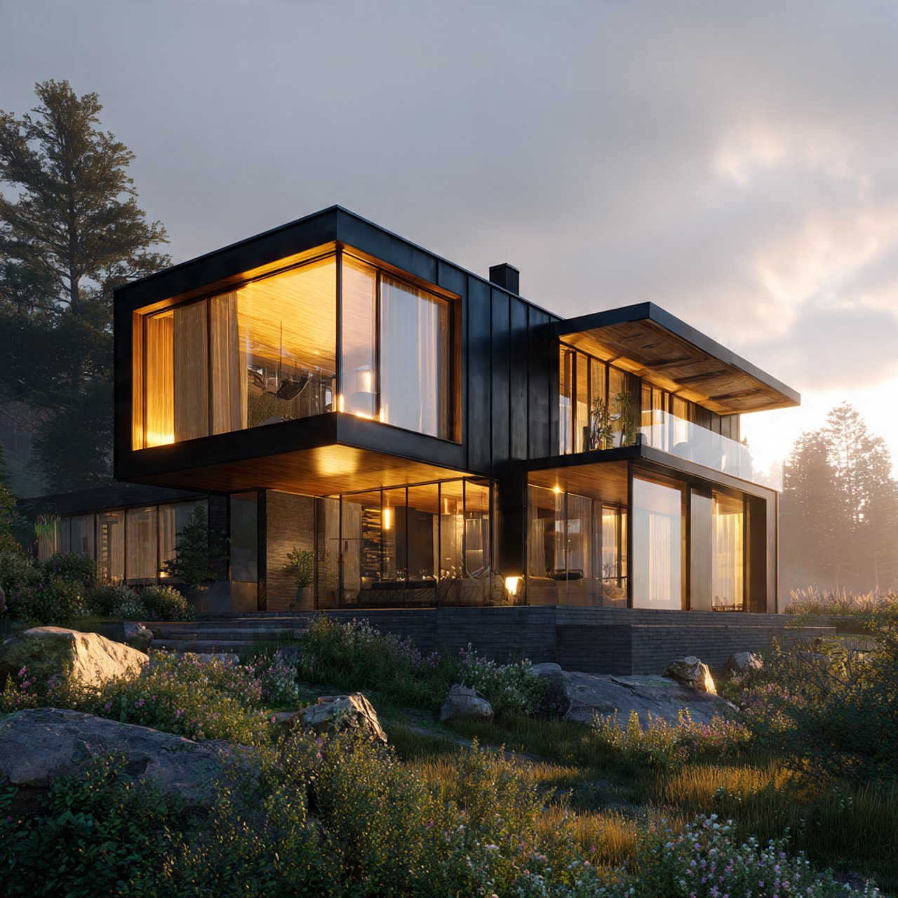 modern house glowing with warm golden light peacef